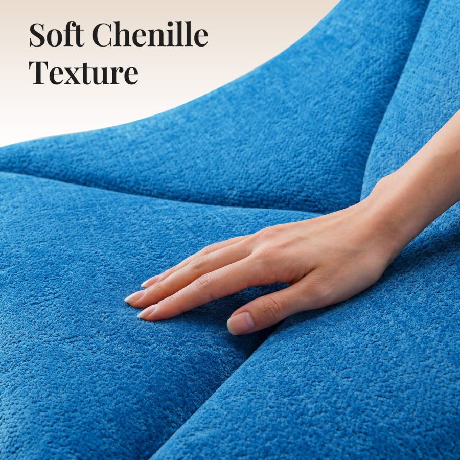 Close-up of soft chenille fabric texture on the blue Dune modular sofa