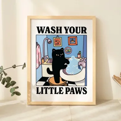 Wash Your Little Paws Bathroom Black Cat Wall Art Canvas Print