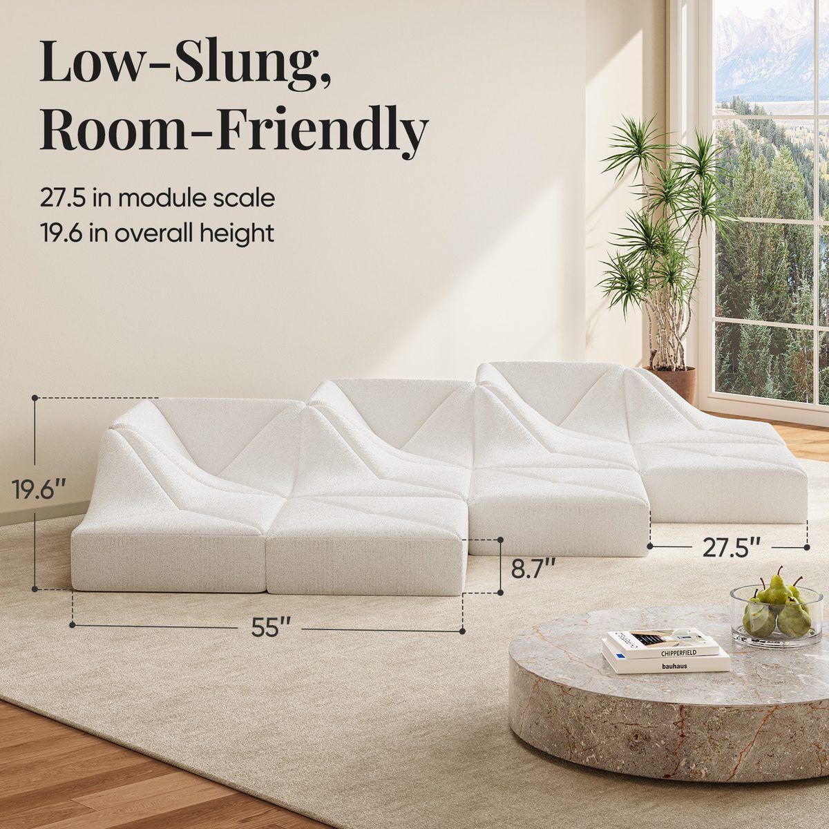 White Dune modular sofa wave layout with dimension callouts for module width, depth, and height