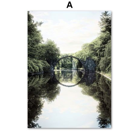 Lake Bridge Mountain Forest Canvas Art - Image 5