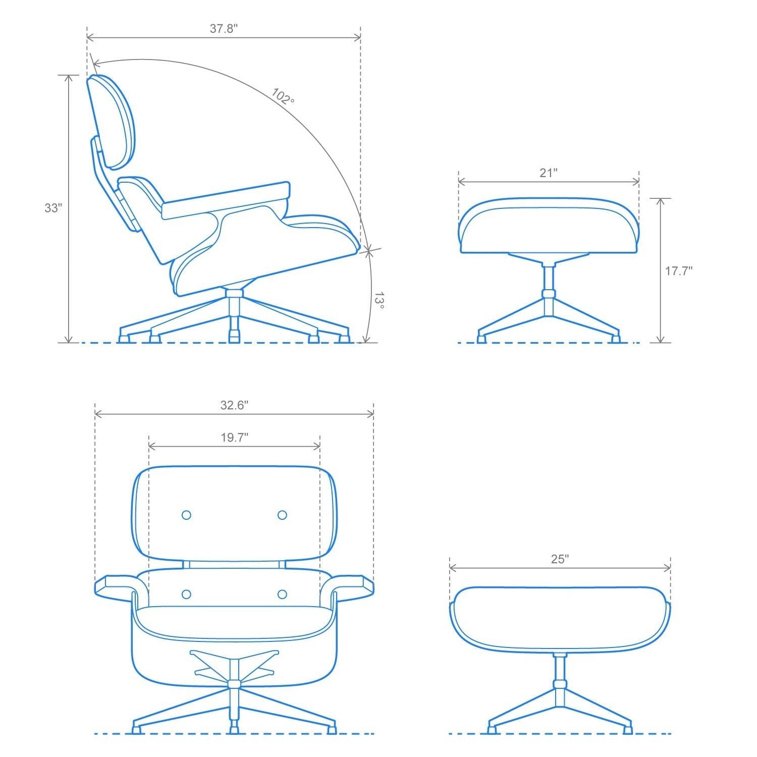 Eames Lounge Chair and Ottoman (Premium Tall Version) Dimension Diagram