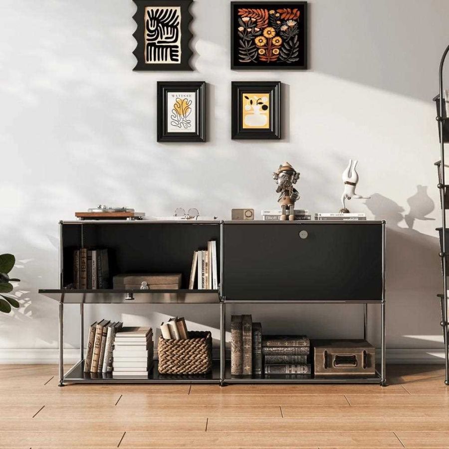 USM Haller Credenza C2A, black modular steel sideboard with closed storage