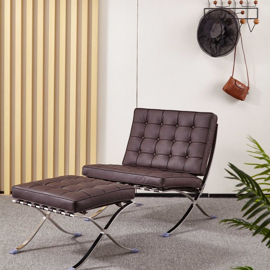 Barcelona chair replica in dark brown leather with ottoman