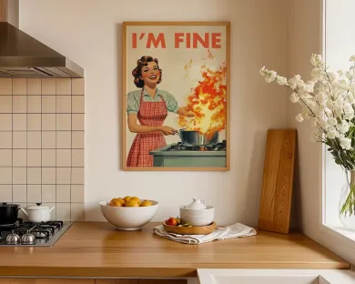 Funny Retro I'm Fine Fire In The Kitchen Wall Art Print