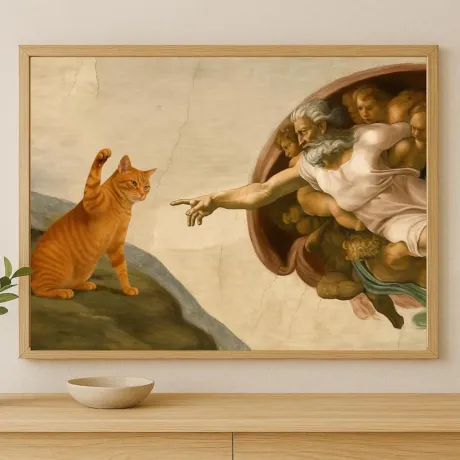 Whimsical Creation of Adam with Orange Cat Wall Print