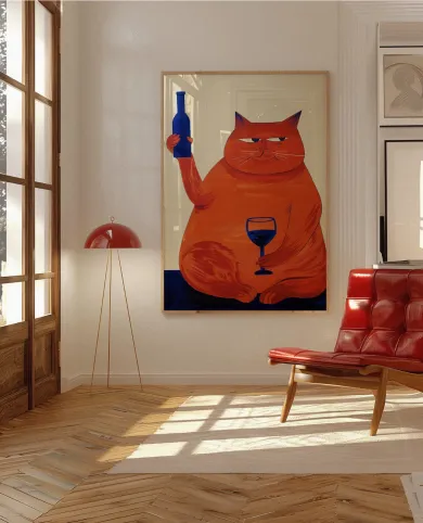 Cat And Wine Wall Art Print
