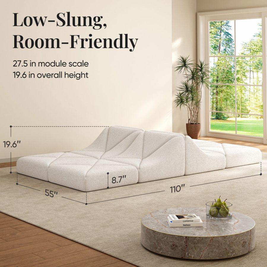 White Dune daybed sofa dimensions diagram, 110 inches long and 19.6 inches high