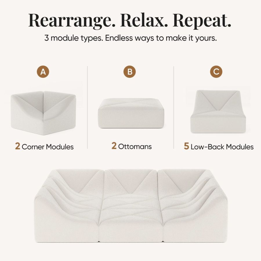 White Dune modular sofa module diagram showing corner, ottoman and low-back pieces