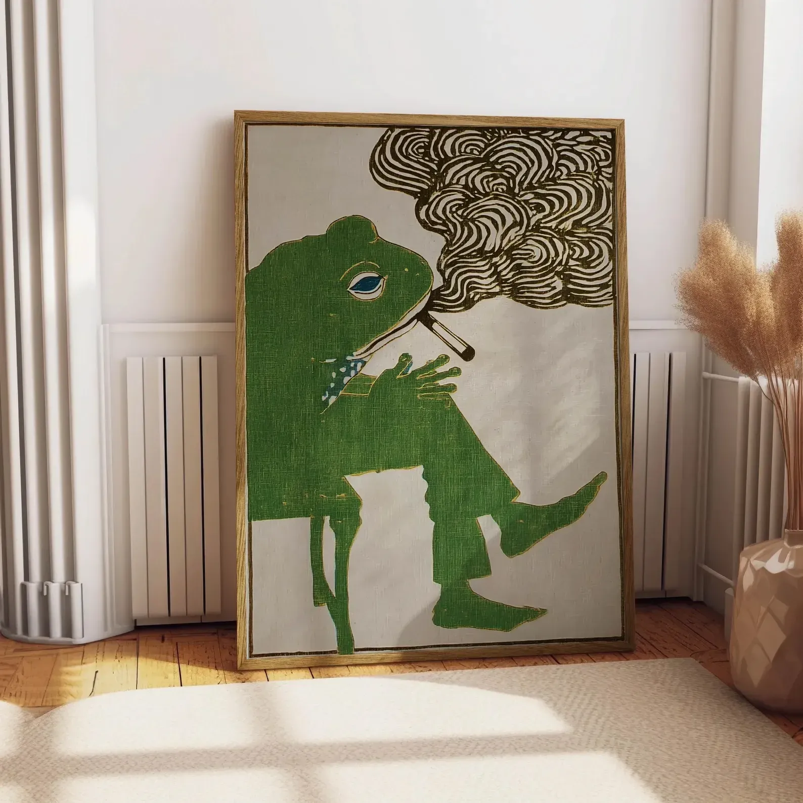 Green Frog Smoking a Cigarette Vintage Wall Art Print