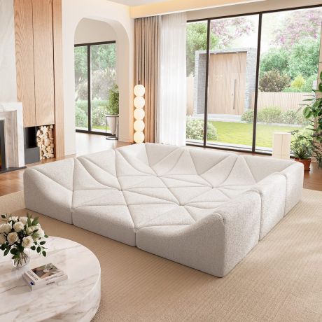White Dune modular sofa square-pit sectional in a sunlit living room near a fireplace