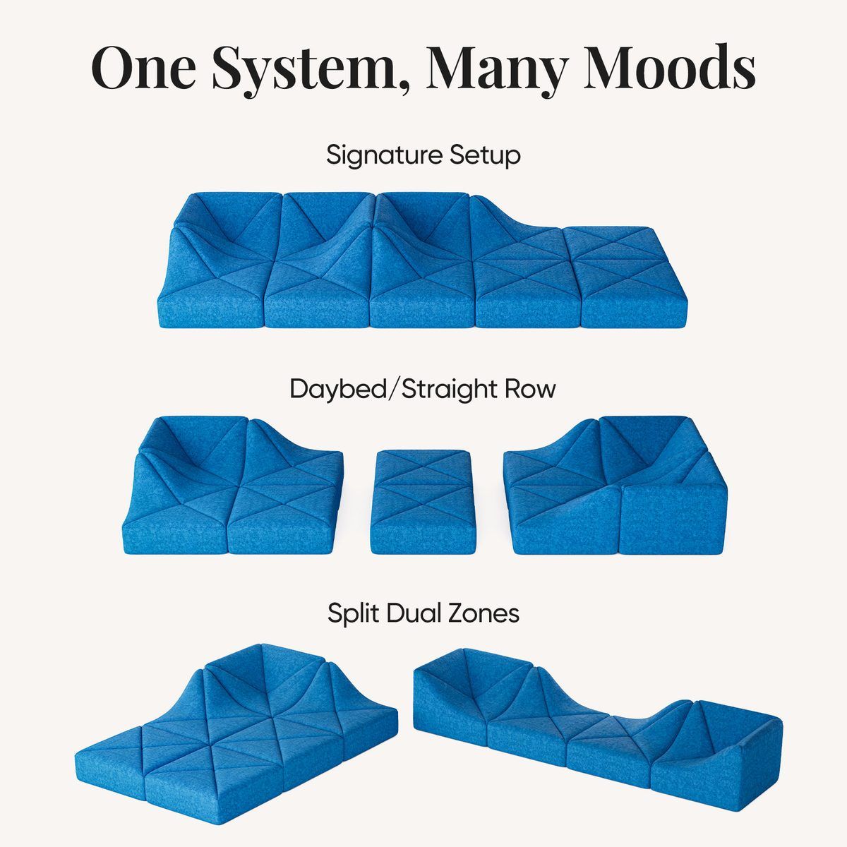 Blue Dune sofa configuration diagram showing signature wave, daybed row, and split dual-zone layouts
