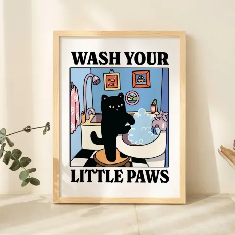 Wash Your Little Paws Bathroom Black Cat Wall Art Canvas Print
