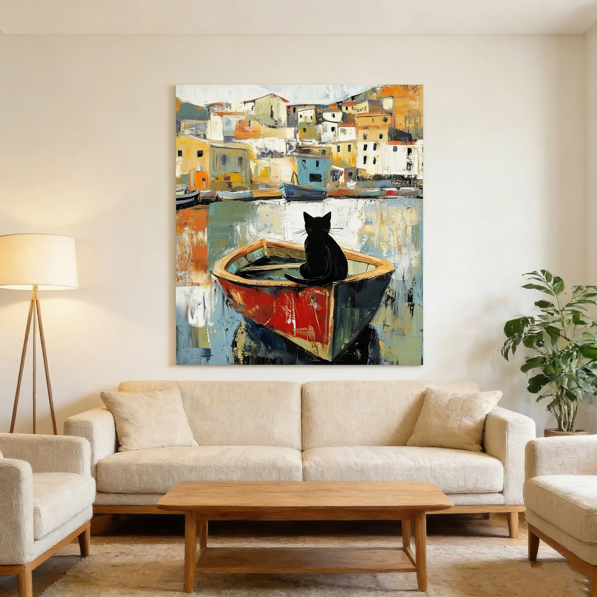 Black Cat on Fishing Boat Abstract Oil Painting Wall Art Print