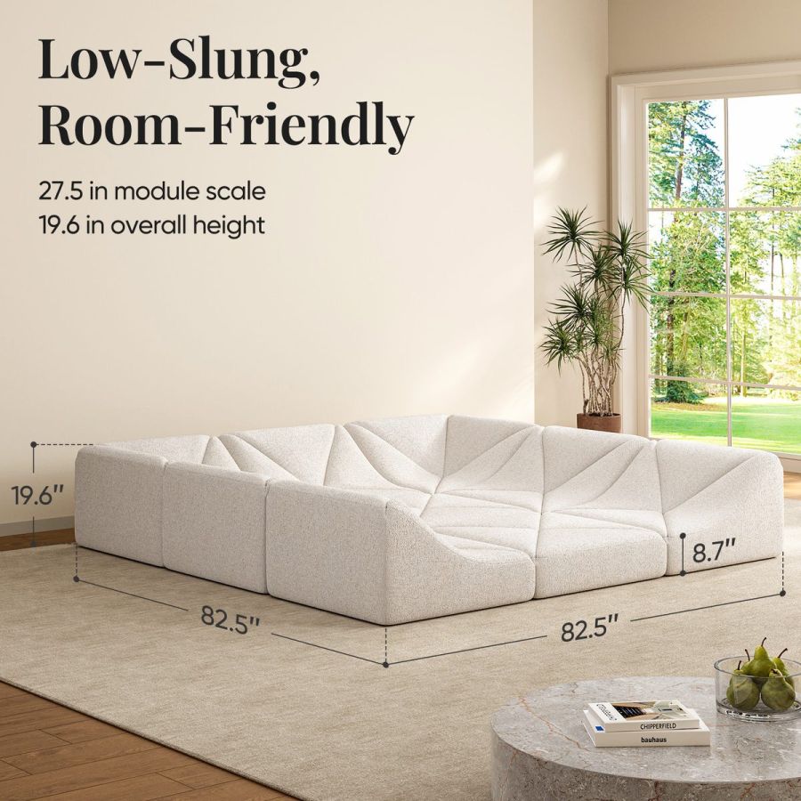 White Dune modular sofa square-pit sectional shown with size and height dimension callouts