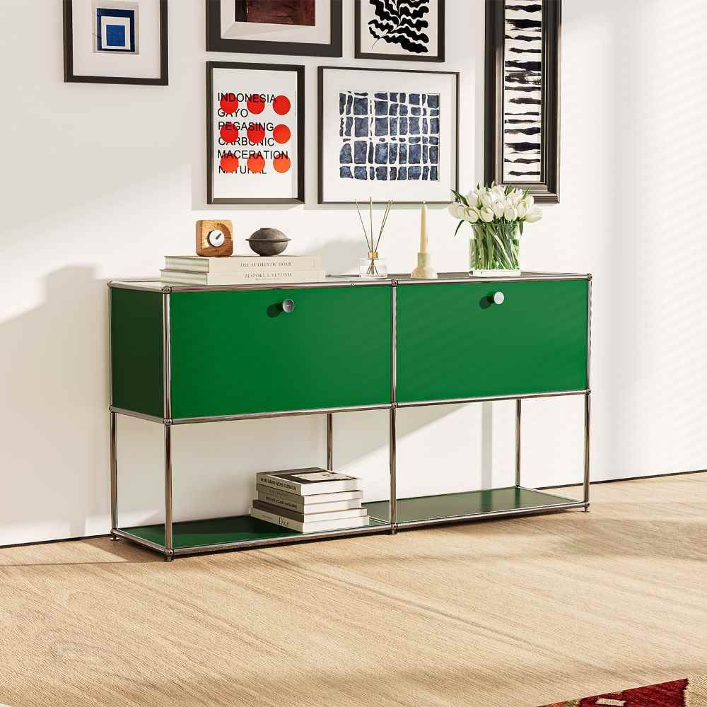 USM Haller Credenza C2A, green modular steel sideboard with closed storage
