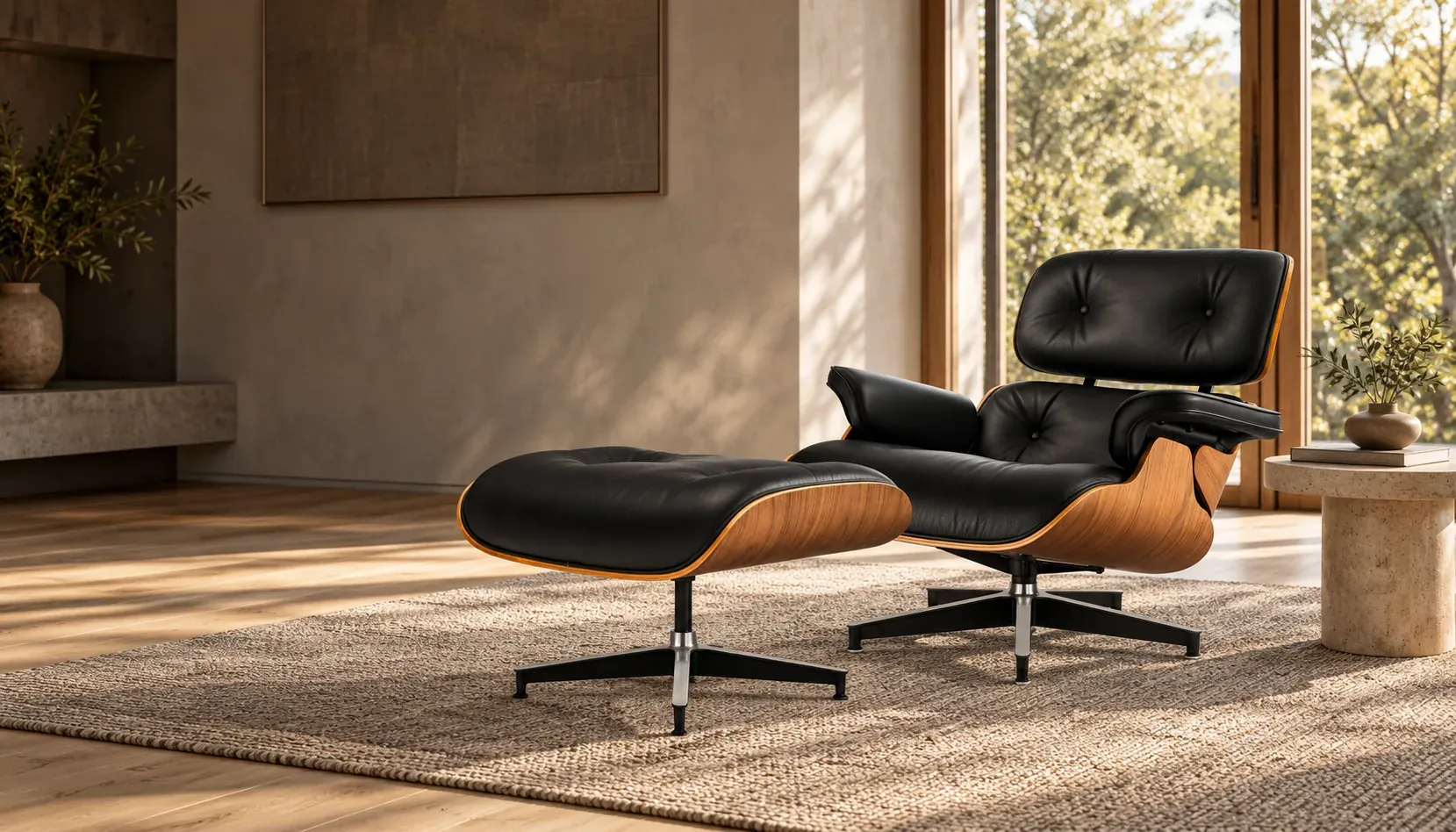 Eames-inspired lounge chair and ottoman in walnut and black leather in a sunlit living room