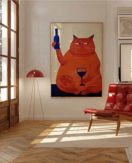 Cat And Wine Wall Art Print