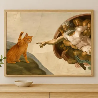 Whimsical Creation of Adam with Orange Cat Wall Print
