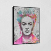 Frida-Kahlo-Portrait-Grey-Circles-Graffiti-Framed-Canvas-Wall-Art