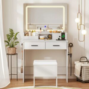 31“ Width Dressing Table Makeup Vanity Desk Set with Lighted Mirror & Power Outlet - Daedalus Designs