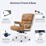 Light Brown Eames Executive Office Chair diagram showing the aluminum frame, height and tilt controls, casters and 360-degree swivel.