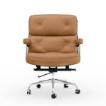 Front view of the Light Brown Eames Executive Office Chair with button-tufted cushions and padded armrests.
