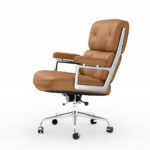 Angled side view of the Light Brown Eames Executive Office Chair with padded armrests and a five-star caster base.