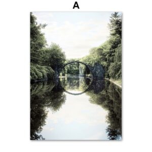 Lake Bridge Mountain Forest Canvas Art - Image 5