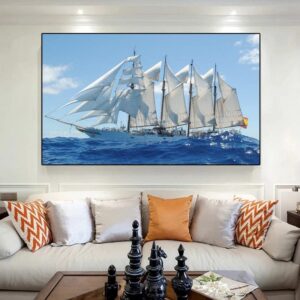 White Sailboat Blue Ocean Landscape Canvas Art - Image 2