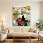 Black Cat on Fishing Boat Abstract Oil Painting Wall Art Print