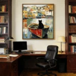 Black Cat on Fishing Boat Abstract Oil Painting Wall Art Print