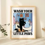 Wash Your Little Paws Bathroom Black Cat Wall Art Canvas Print