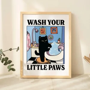 Wash Your Little Paws Bathroom Black Cat Wall Art Canvas Print