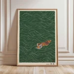 Vintage Ukiyo-e Style Japanese Tiger Swimming Wall Art Print