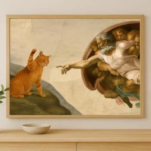 Whimsical Creation of Adam with Orange Cat Wall Print