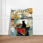 Black Cat on Fishing Boat Abstract Oil Painting Wall Art Print