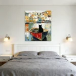 Black Cat on Fishing Boat Abstract Oil Painting Wall Art Print