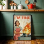 Funny Retro I'm Fine Fire In The Kitchen Wall Art Print