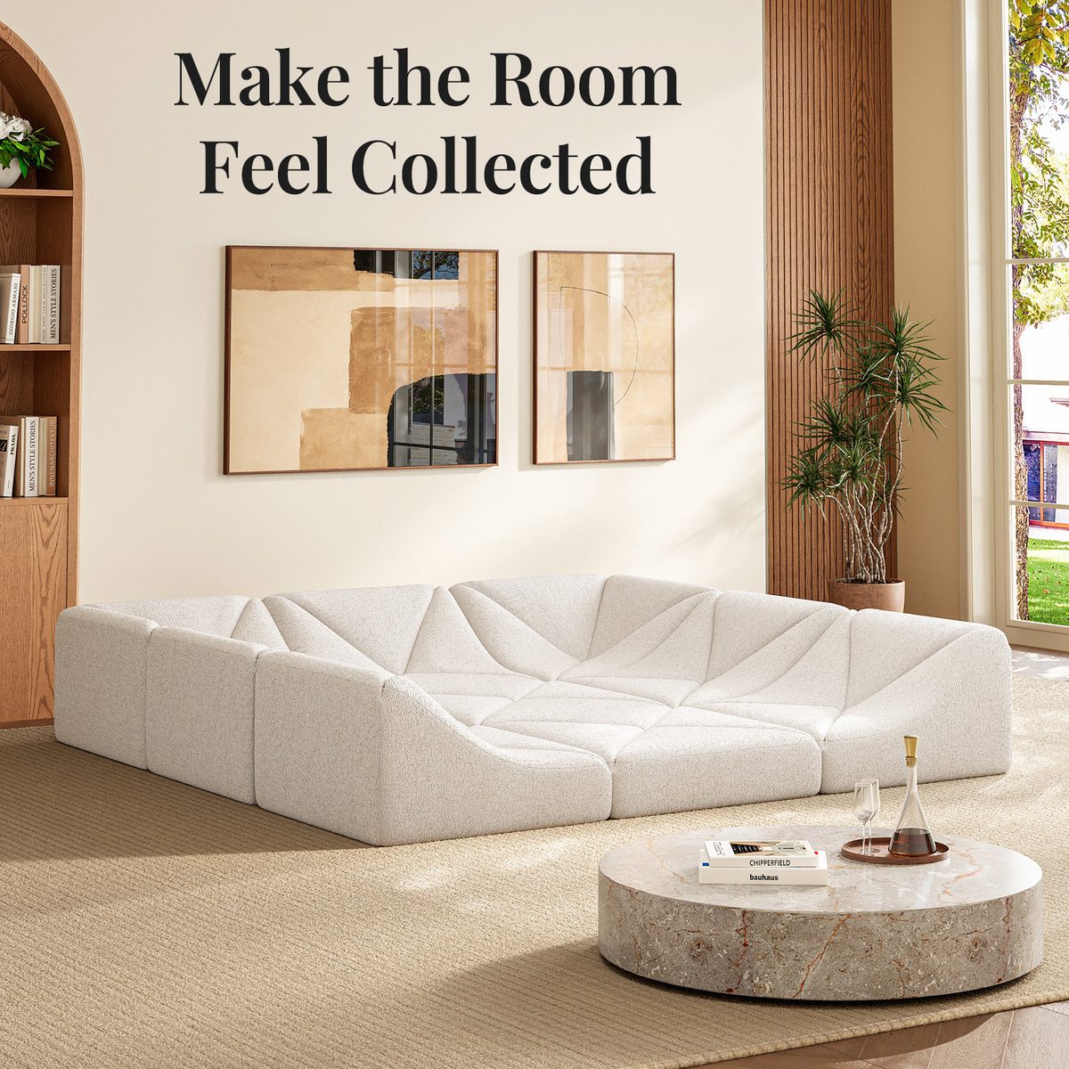 White Dune modular sofa square-pit sectional anchoring a living room styled with abstract art