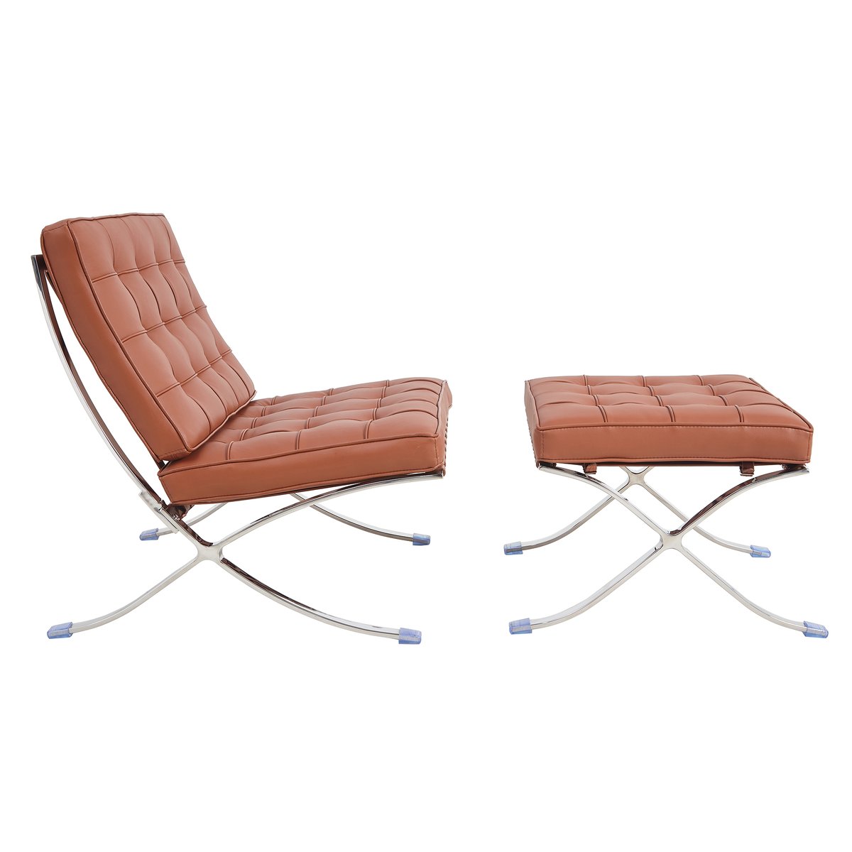 Barcelona chair and ottoman replica in cognac top-grain leather on a polished stainless steel frame